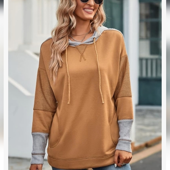 Tan Oversized Hoodie with Gray Accents - Picture 2 of 16